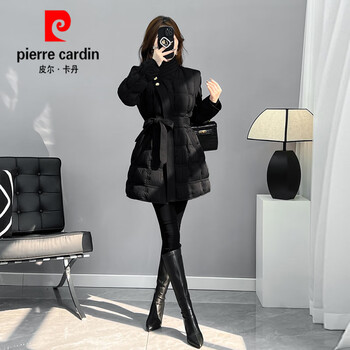 Pierre cardin 2025 winter new style small slim lace-up 90 white duck down jacket lightweight waist style down jacket women black s (recommended 80-110 catties)