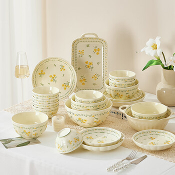 Jingxi underglaze color bowl and dish set for home use 2025 new high-value ceramic bowls, chopsticks, dishes and tableware complete set for moving to a new home springy meng underglaze color 6-person meal 28-piece set gift box tableware set