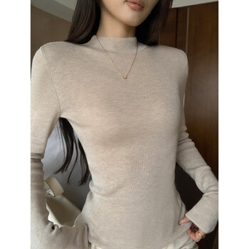 Pusumede practical and versatile half-high collar knitted bottoming shirt for women in autumn and winter, slim and slim inner top, oatmeal color m