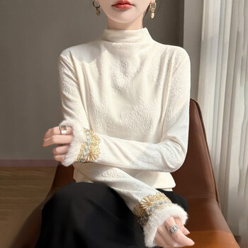 Angel mood new chinese style half turtle collar plus velvet warm bottoming shirt for women autumn and winter national style embroidered thickened vest with women's top white xl 90-105 jin