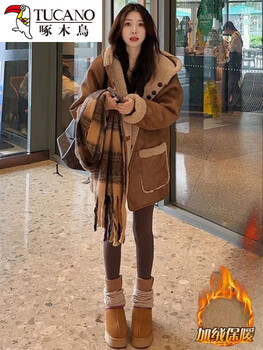 Woodpecker retro reversible fur one-piece sherpa coat for women winter 2026 new style plus velvet and thickened small coat 160 catties 160 catties