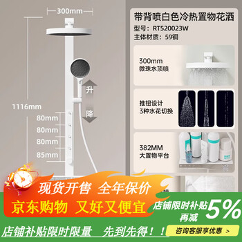 R&t rain shower set automatic descaling four functions handheld storage table home bath bath k20 k30 square tube back spray shower silver white-105cm shower