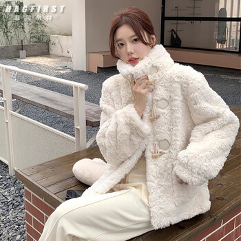 Fistel lamb wool coat for women 2025 autumn and winter new style small fragrant horn button lamb velvet coat small plus velvet cotton coat white with cotton lining l suitable for 115-130 pounds
