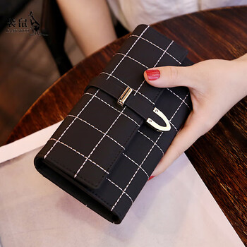 Kangaroo wallet women's long retro frosted cover type three-fold one-piece embroidered thread wallet large capacity multi-card slot card holder wallet black