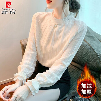 Pierre cardin lace bottoming shirt women's autumn and winter new style velvet thickened inner top small shirt western fashion chiffon shirt apricot full body velvet 3xl 135-145 jin