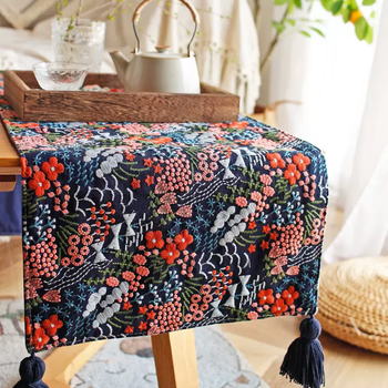 Yusenyi japanese light luxury embroidery table flag rectangular tv cabinet sideboard table cushion coffee table dining table cupboard shoe cabinet cover cloth blue flower sea flat head 30x200cm