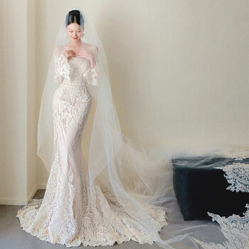 Fishtail light wedding dress bride 2025 new main yarn dress skirt petite style one shoulder long sleeves small tail fishtail small tail wedding dress without accessories s