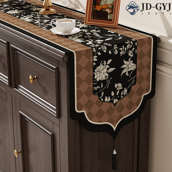 Miaopule american retro high-end solid wood sideboard tablecloth protective pad covered with ancient table flags long entrance cabinet tv cabinet cover hibiscus flower diamond shape imitation linen double-sided black tassels 30*200cm (applicable to tabletop length 140-160cm
