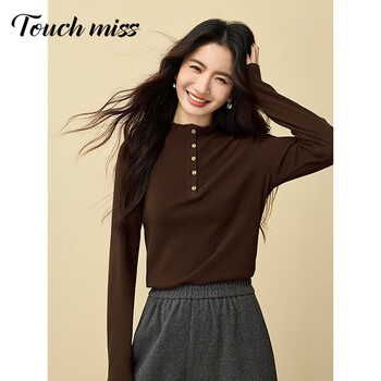 Touchmiss (touchmiss) wavy edge half turtleneck t-shirt bottoming shirt for women 2025 autumn and winter women's long-sleeved slimming inner top, brown m