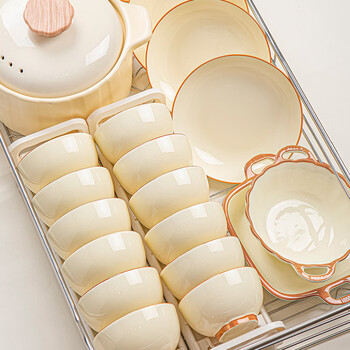 Tao yi underglaze color bowl and dish set for home use 2025 high-looking cream style ceramic tableware set bowls and chopsticks housewarming bowls high temperature underglaze color fuyun 30-piece set for 6 people