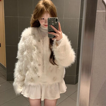Miao yijia xiaoxiangfeng jacket women's autumn and winter white sweater knitted cardigan women's new style western-style high-quality top small xiaoxiangfeng white pearl imitation mink velvet cardigan jacket one size recommended within 115 jin