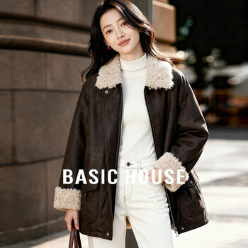 Basic house basic house/baijiahao retro fur all-in-one coat for women imitation lambswool lapel thickened pu coat winter dark brown m