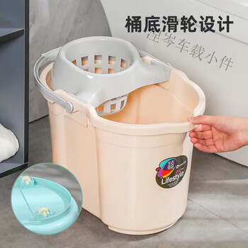 Mo peng rotating mop bucket household thickened dehydration lazy hand-free hand wash rectangular portable plastic squeeze water twist water mop squeeze bucket beige