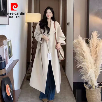 Pierre cardin life coat new double-sided woolen coat hepburn style cashmere coat autumn and winter long outer wear for women off-white double-sided coat xs 80-115 catties, length of about 105cm