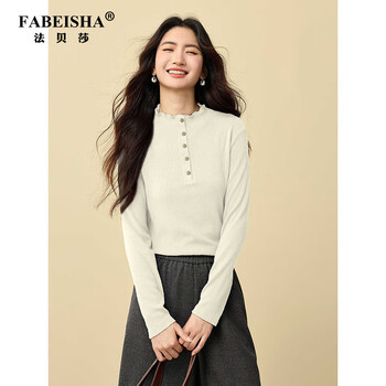 Fabersa brand wavy edge half turtleneck t-shirt bottoming shirt for women 2025 autumn and winter women's long-sleeved slimming inner top cream apricot l