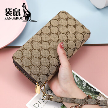 Kangaroo (kangaroo) brand luxury long wallet women's 2025 new embroidered jacquard large capacity fashionable double zipper clutch bag jacquard brown