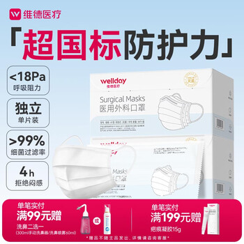 Wellday disposable medical surgical masks individually packed white anti-rhinitis allergy anti-sand and dust sterilization grade 50 pieces/box*2