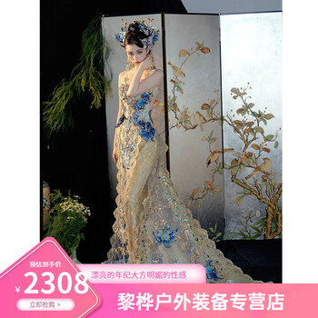 Oemg high-end 2025 new champagne gold blue xiuhe wedding dress bride chinese wedding dress high-end tail champagne gold blue s