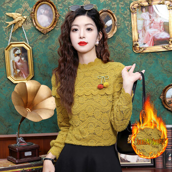 Ye zifeng (yezifeng) velvet and thickened lace bottoming shirt for women in autumn and winter new style slim and versatile long-sleeved and thickened shirt for women autumn color (velvet and thickened) m