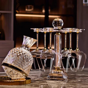 Fat donglai's same style wine set, high-end red wine glass for home, light luxury gold diamond burgundy rotating grape ornaments, main picture 8-piece set, 520ml gold diamond red wine glass*6+gold rotating