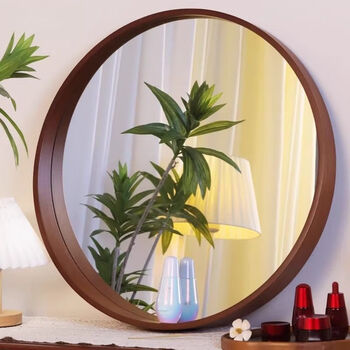 Modern simple mirror round storage objective mirror solid wood mirror wall hanging bedroom dressing mirror restroom bathroom mirror walnut color diameter 50cm