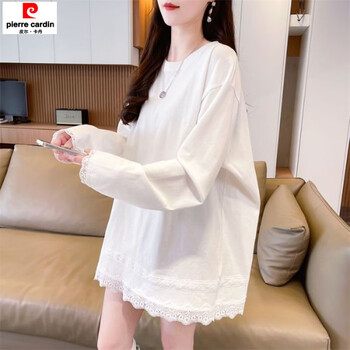 Pierre cardin white lace bottoming shirt for women in autumn and winter, loose mid-length butt-covering style with brushed plus velvet long-sleeved t-shirt, white 8698 plus velvet m 80-100 pounds
