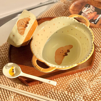 Wanjiaquan cute ceramic bowl instant noodle bowl 2025 new one-person tableware plate bowl set rice bowl soup bowl plate bread bowl four-piece set (rice bowl + ear plate + spoon + chopsticks)