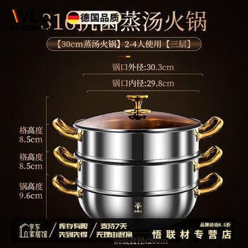 Oein japan imported quality 316 stainless steel steamer household multi-layer steamed fish steamed bun pot induction cooker gas universal steam 316 steam soup hot pot 30/cm+/double/layer steam/grid 1cm