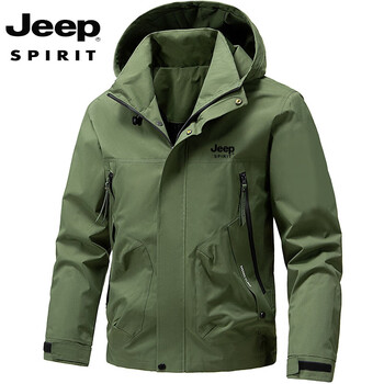 Jeep spirit 2025 new spring and autumn solid color hooded jacket men's large size casual jacket jp6990 military green 5xl (185-200 pounds)