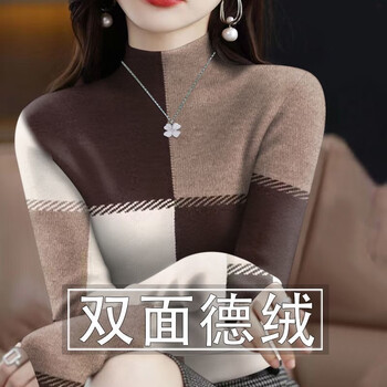 Shiyada german velvet warm half turtleneck bottoming shirt for women in autumn and winter with a western style sweater, color matching slim long-sleeved top, brown coffee color velvet 2xl, recommended 115-130 pounds