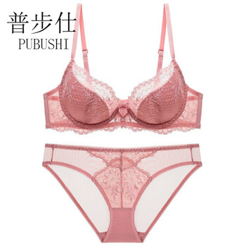 Pubusi brand sexy underwear set for women, pure desire, thin lace, big breasts, small push-up, anti-sagging, large size bra set, pink 80b