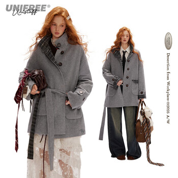 Unifree korean autumn and winter woolen coat heavy loose plaid splicing fashionable woolen coat gray m