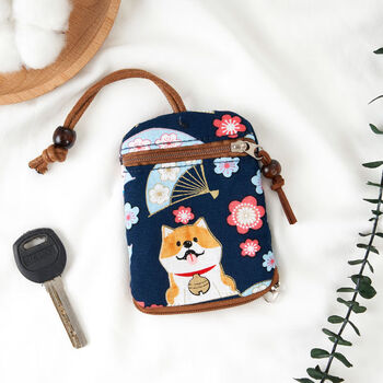Bear tourist pull-out key bag fabric female key storage bag internet celebrity card bag two-in-one compact simple key cover mini dark blue shiba inu