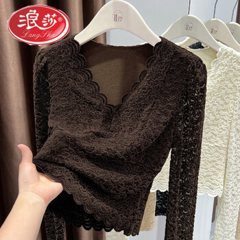 Langsha dark coffee color super versatile lace v-neck bottoming shirt for women 2026 new jacquard inner with temperament plus velvet slim fit top dark coffee high quality version m recommended 98-108 pounds