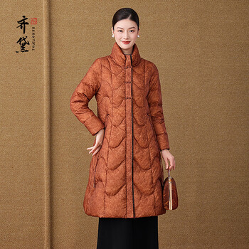 Quedit new chinese style mom goose down jacket women's 2025 winter new mid-length retro elegant thickened down jacket red tan brown l recommended within 110 catties / down filled (138.7g)