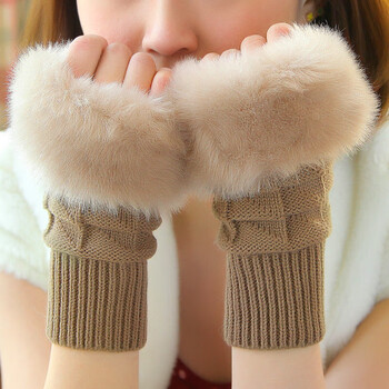 Bovonik gloves women's winter warm half-finger plus velvet thickened student fingerless woolen gloves korean version winter