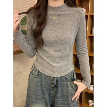 Pure (yishion) german velvet warm brushed long-sleeved t-shirt for women 2025 autumn half-high collar design curved hem short bottoming shirt dark gray-no printing xl recommended to wear 115-130 pounds