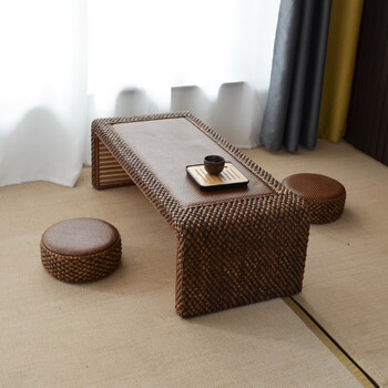 He jiagong rattan tatami coffee table, tables and chairs, home balcony low table, japanese-style small table, zen tea table, kang low table, small table + 2 round piers, fully equipped