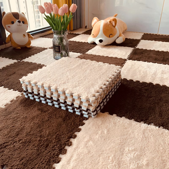 Wanchuang room carpet, bedroom splicing square bedside blanket, stain-resistant, soundproofing, fully covered living room floor mat, ins style bay window mat, camel + dark brown color, cuttable, washable, 30*30cm*1cm thickened, 20 pieces packed with edge strips