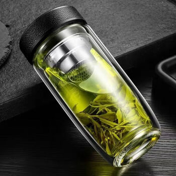 Pupan tempered glass cup is anti-fall and unbreakable, large size set, explosion-proof, suitable for men and women on business trips, filtered and brewed tea, double-layer leather texture black 350ml, thickened and explosion-proof
