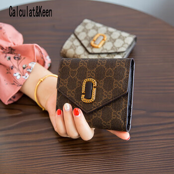 Calculat&keenck women's wallet small wallet short genuine leather mini versatile printed folding cowhide wallet card bag birthday gift brown goddess' day gift ghostwriting greeting card