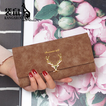 Kangaroo (kangaroo) brand luxury frosted leather long wallet for women 2025 new style simple fashionable large capacity deerskin wallet brown