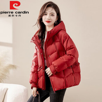 Pierre cardin white duck down factory direct sales short hooded down jacket women's winter new style small slim fit covering jacket red m 90-110 jin