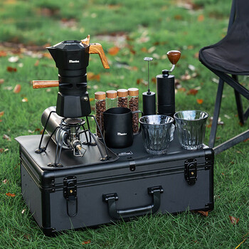He jiagong temperature control double valve moka pot set italian coffee pot hand-brewed coffee outdoor camping aluminum box double valve moka pot 12-piece set contains aluminum box, upgraded five-star nitrogen steel mill