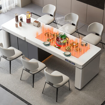 Smart table baoqi flat island dining table integrated lifting and telescopic 2026 new center island kitchen multi-functional rock slab inverted dining table electric lifting telescopic + tabletop heating + 6 chairs 1.5 meters telescopic to 2.43 meters