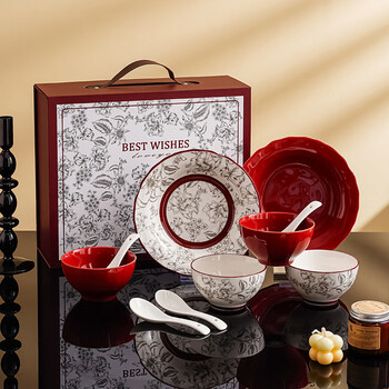 Jiwu forest bowl set red gift box tableware complete set housewarming moving gifts engagement wedding gifts high-end gifts