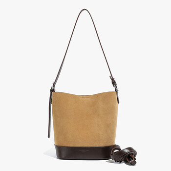 Retro frosted one-shoulder cross-body small bag women's 2025 new suede stitching contrasting color bucket bag brown