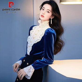 Pierre cardin unique blue velvet top for women 2025 spring style slimming lace stitching inner bottoming shirt blue s