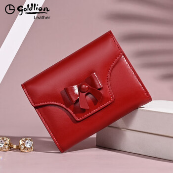 Goldlion wallet women's 2025 new cherry red cowhide light pink coin purse genuine leather fashion wallet for women cherry red