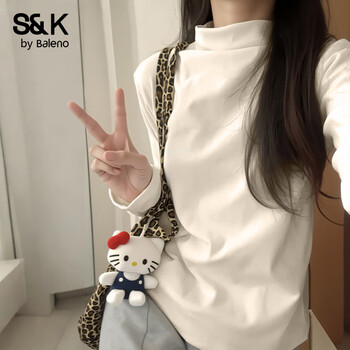 Baleno s&k series bottoming shirt for women, autumn and winter new double-sided velvet long-sleeved t-shirt for girls, thin plus velvet top to keep warm, apricot #solid color 7a antibacterial & double-sided velvet l